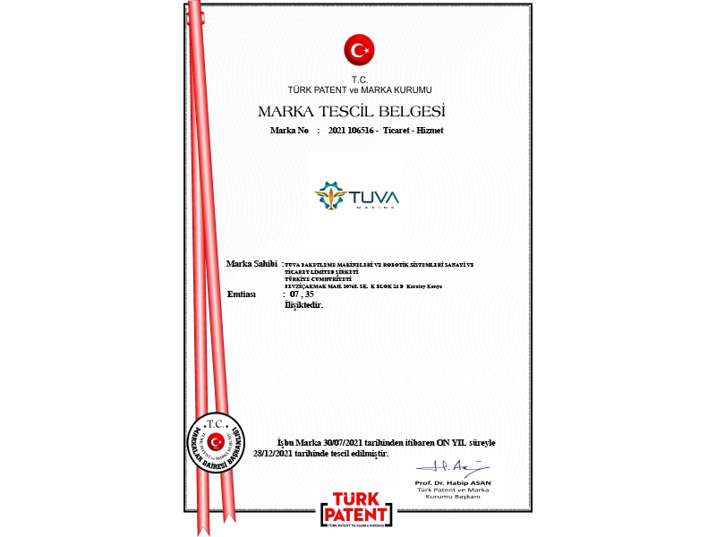 Tuva Machinery trademark registration certificate
