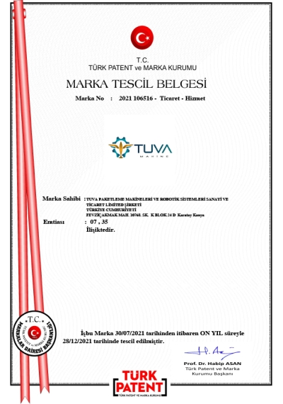 Tuva Machinery Trademark Registration Certificate